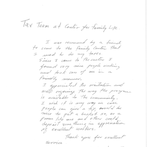 Taxpayer thank you note A letter we received from a client who used our tax filing services!